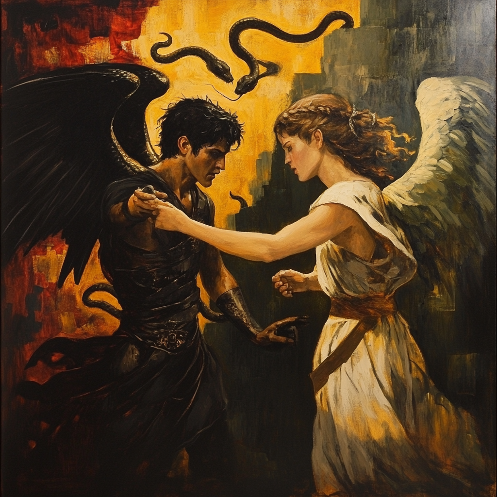 Devil with black wings fights angel with light wings