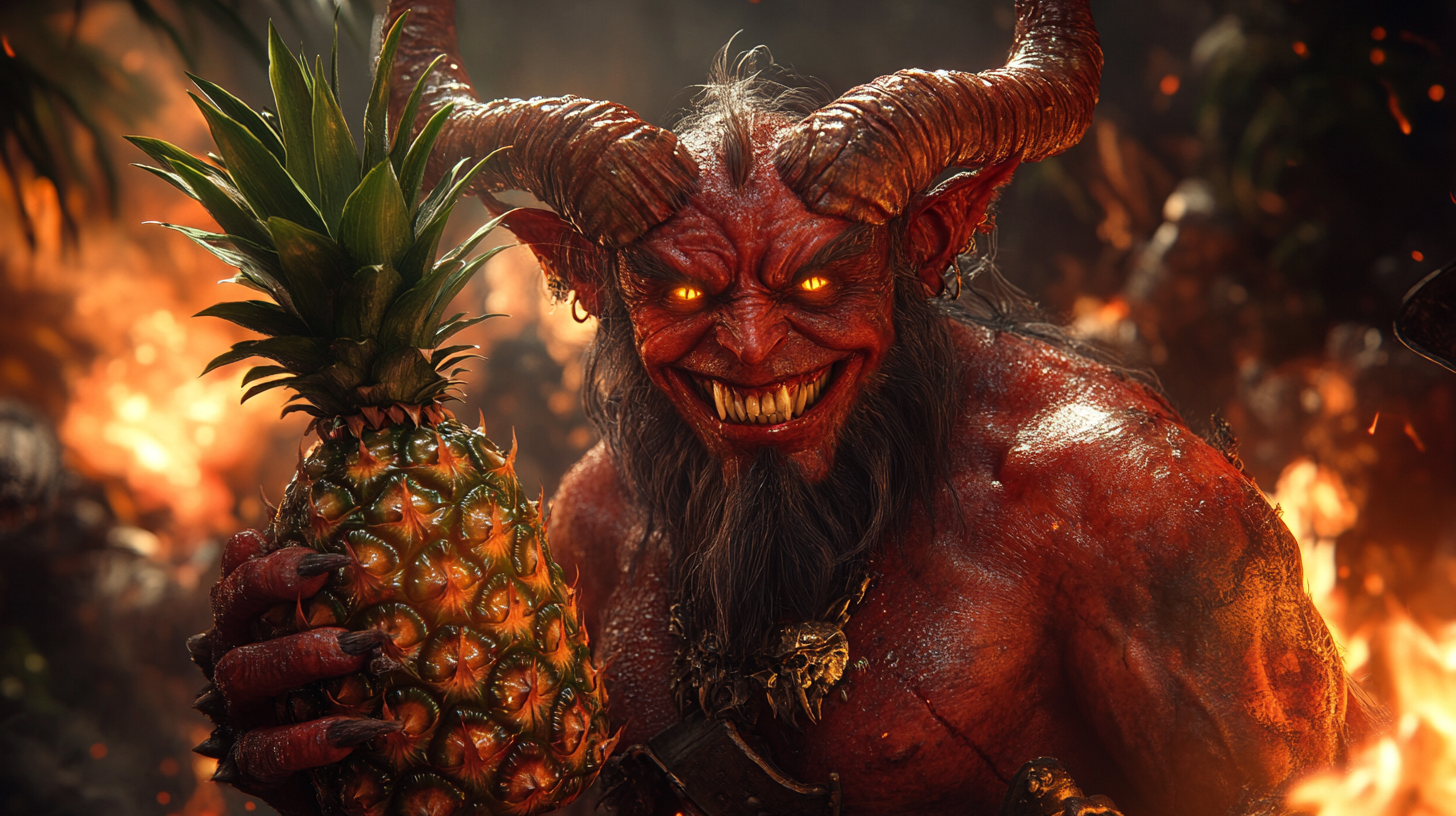 Devil with red skin holding large pineapple in fire.