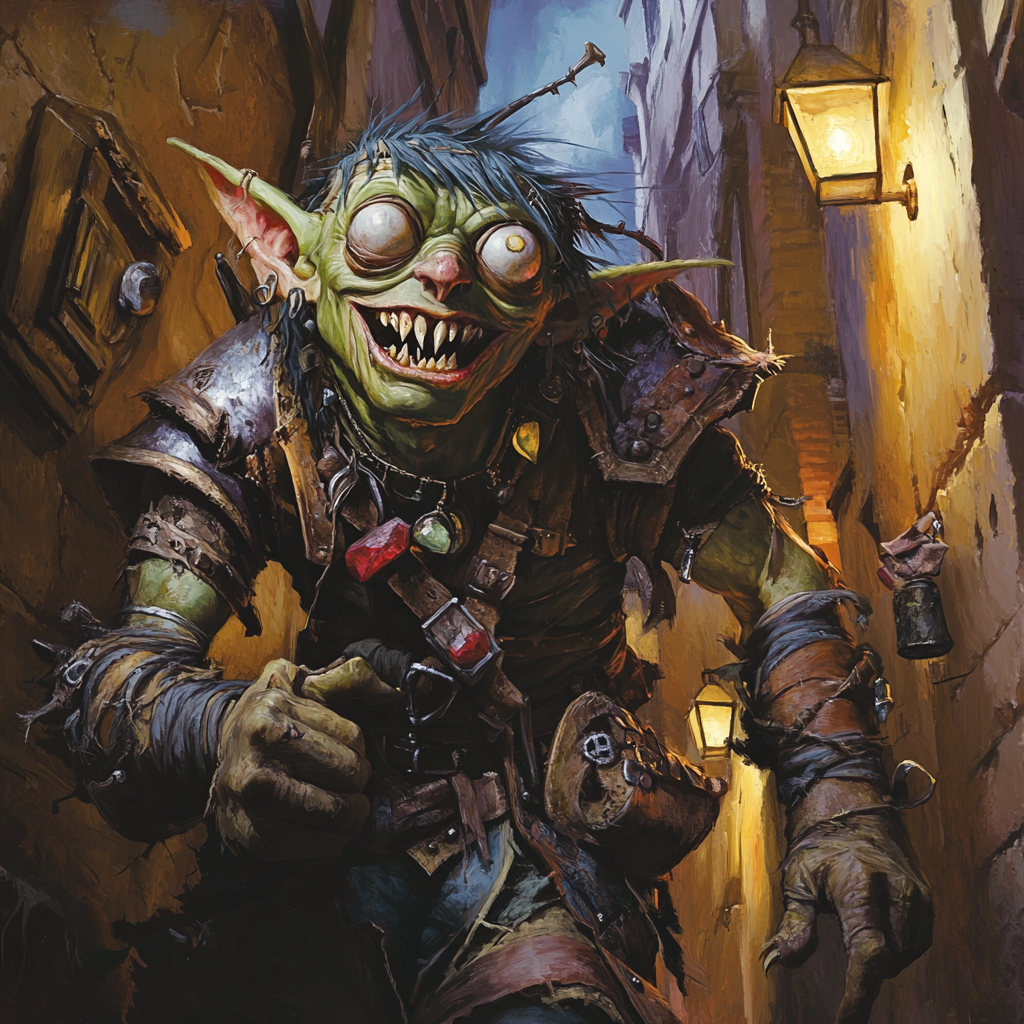 Devious Goblin Rogue Fleeb in Medieval Alleyway