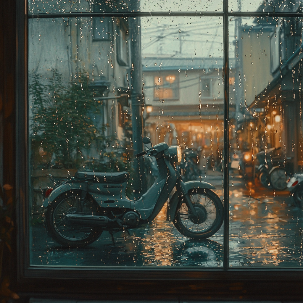 Dew-wet window. Bright, dew-covered motorcycle. Makoto Shinkai's style.