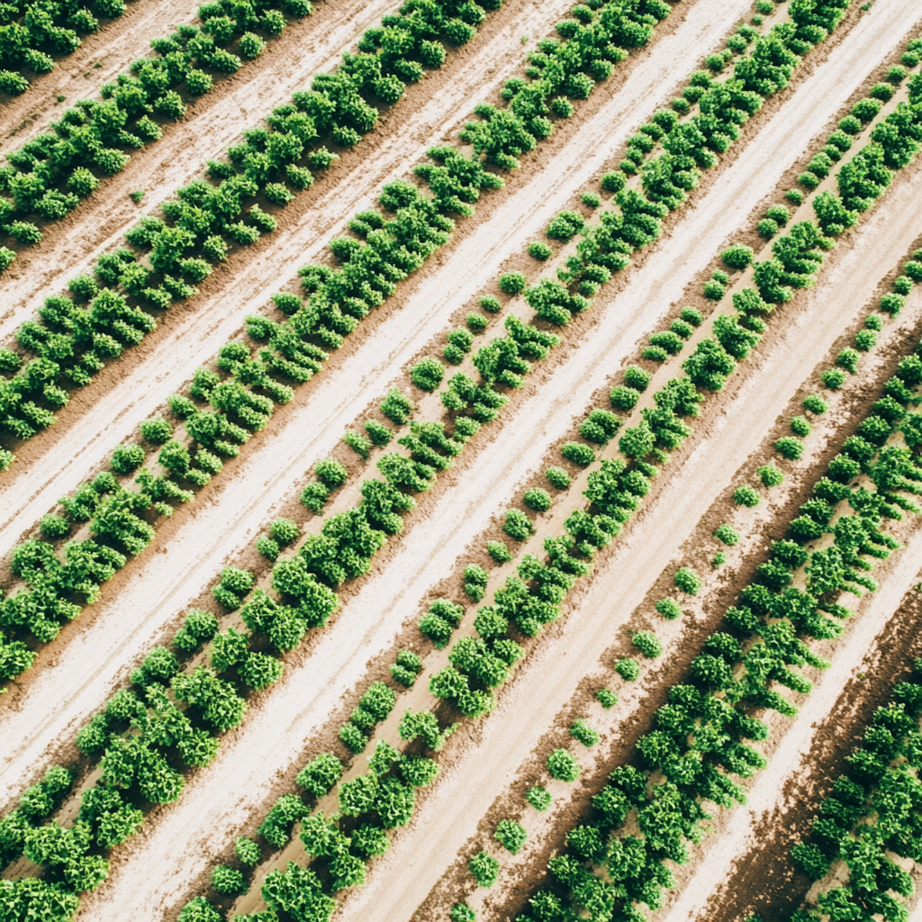 Diagonal rows of lettuce and tomatoes on farm field.