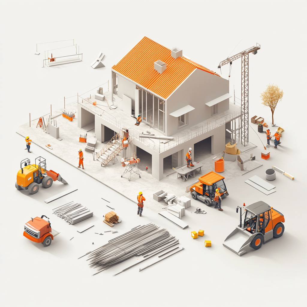 Diagram of residential construction phases with workers and machinery.