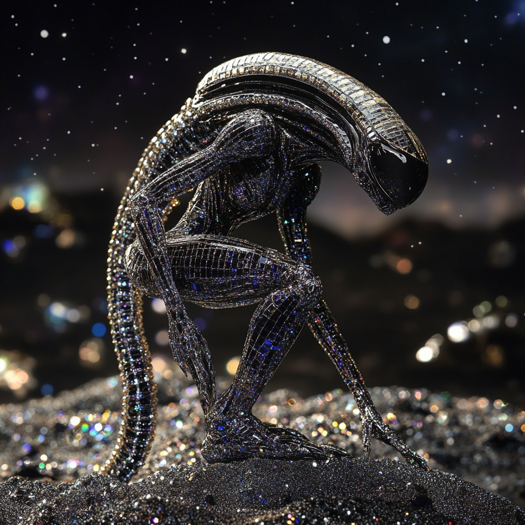 Diamond xenomorph alien on dark, diamond-dusted planet sparkles.