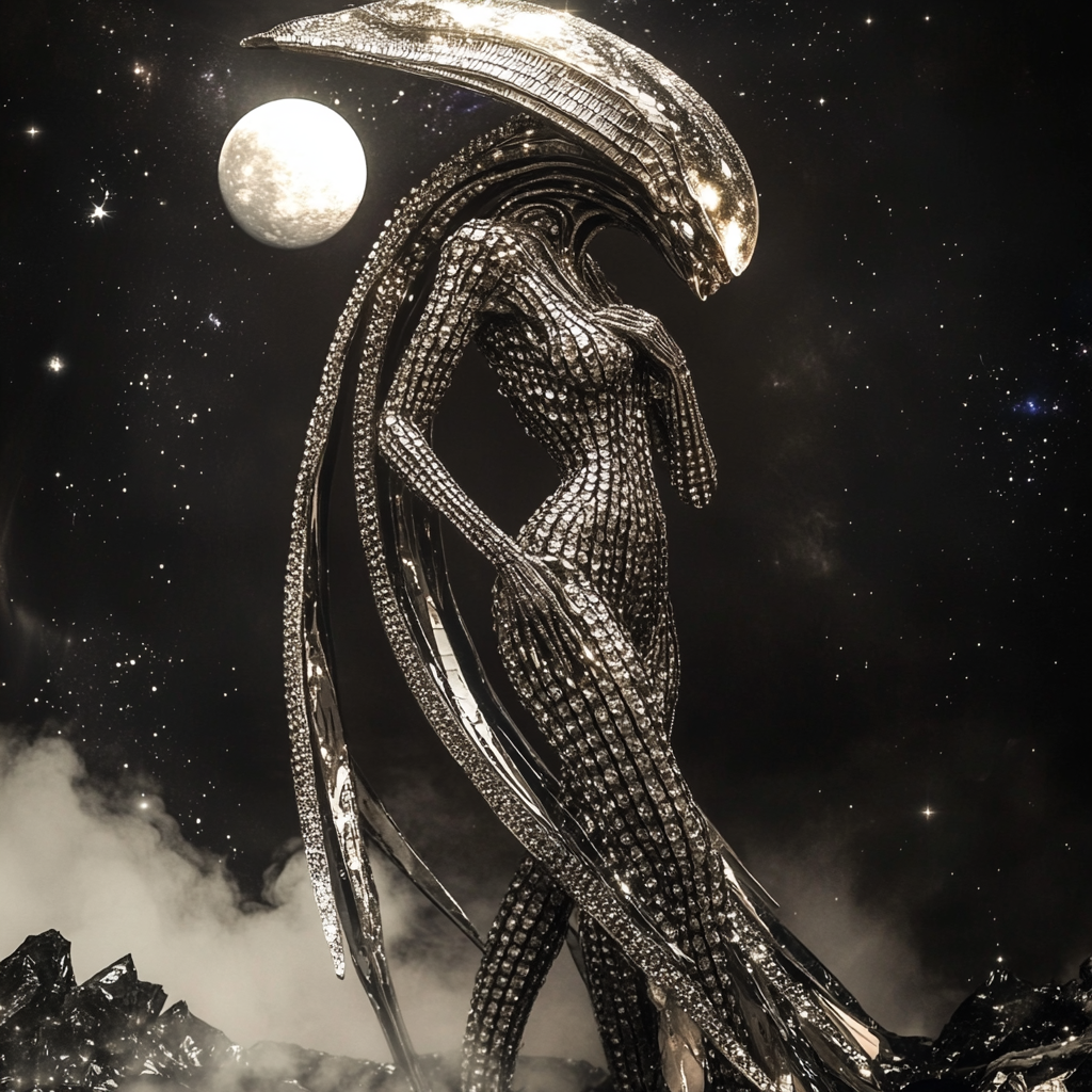 Diamond xenomorph alien on dark, moonlit planet, smoky atmosphere.