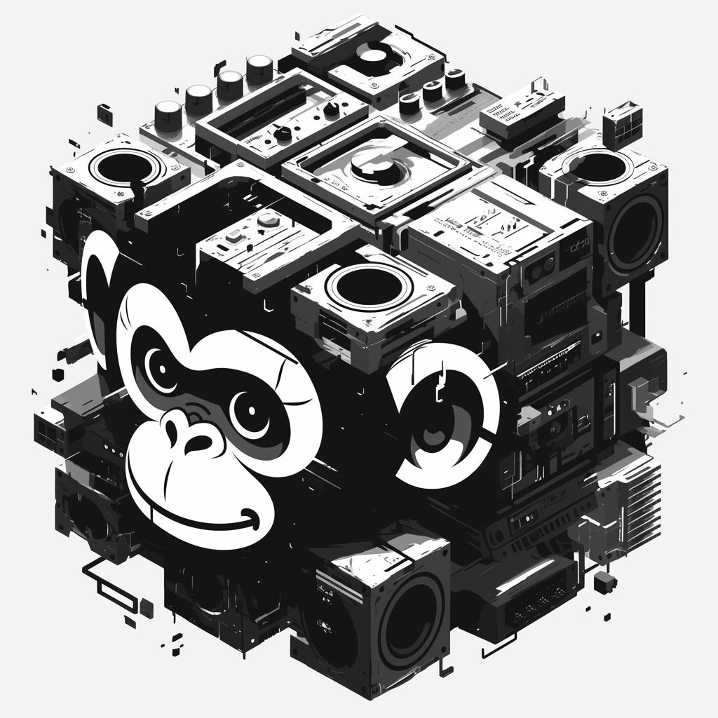 Dice with monkey face, subwoofer, CDJ controller logo.