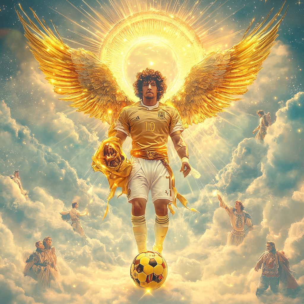 Diego Maradona as a football demigod in heaven.