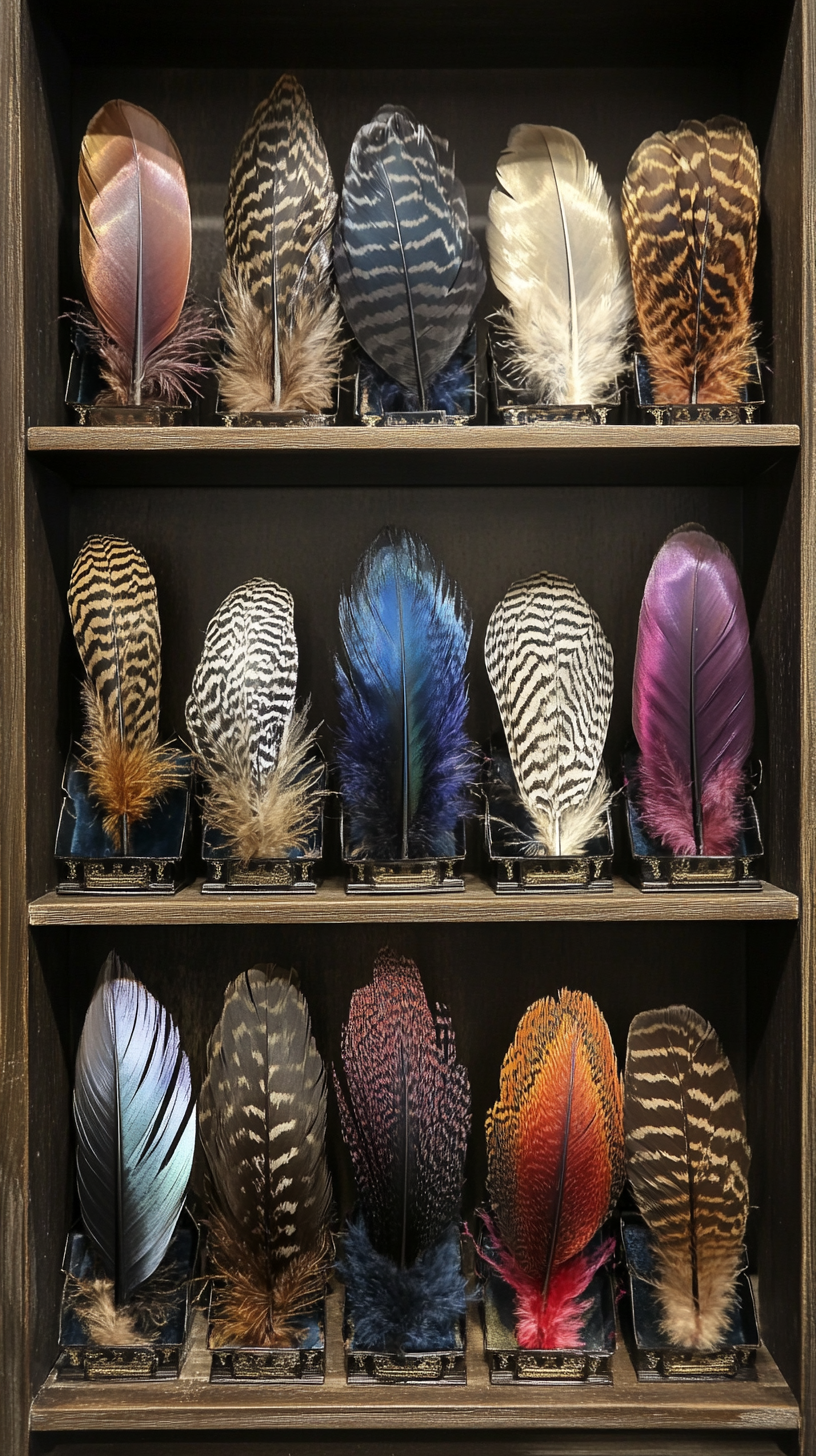 Different animals' magical feathers displayed on shelf