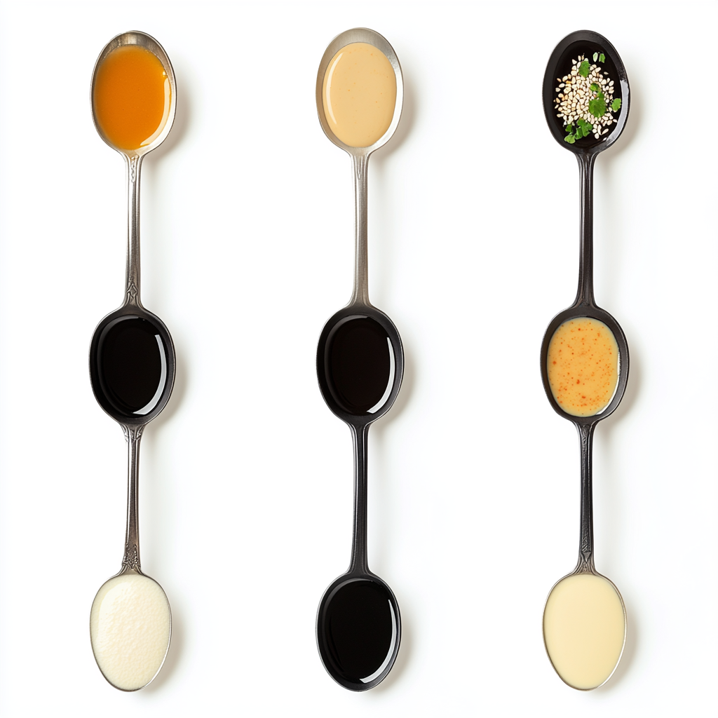 Different sauced spoons on white background