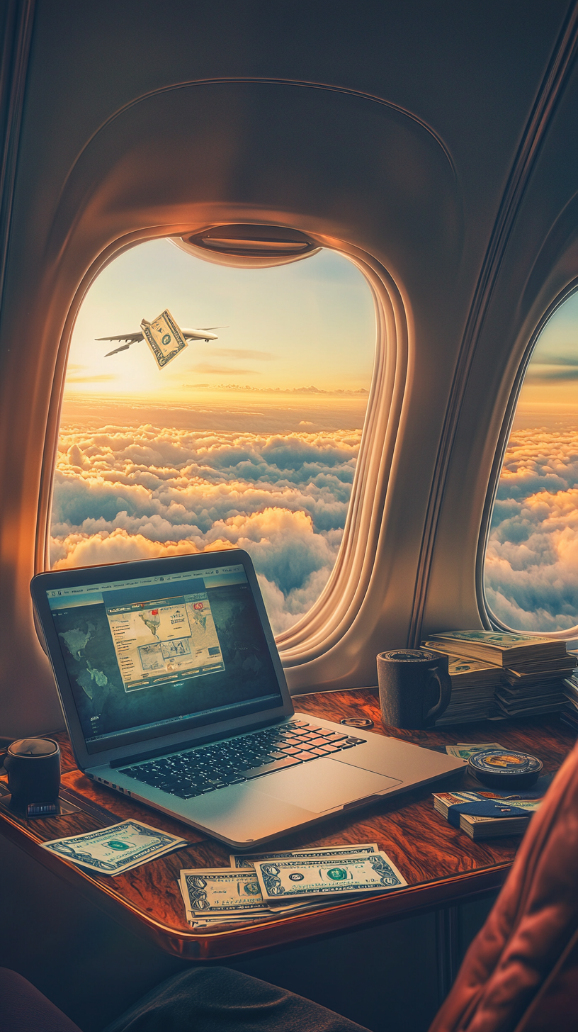 Digital Nomad in Private Plane Working on Laptop 