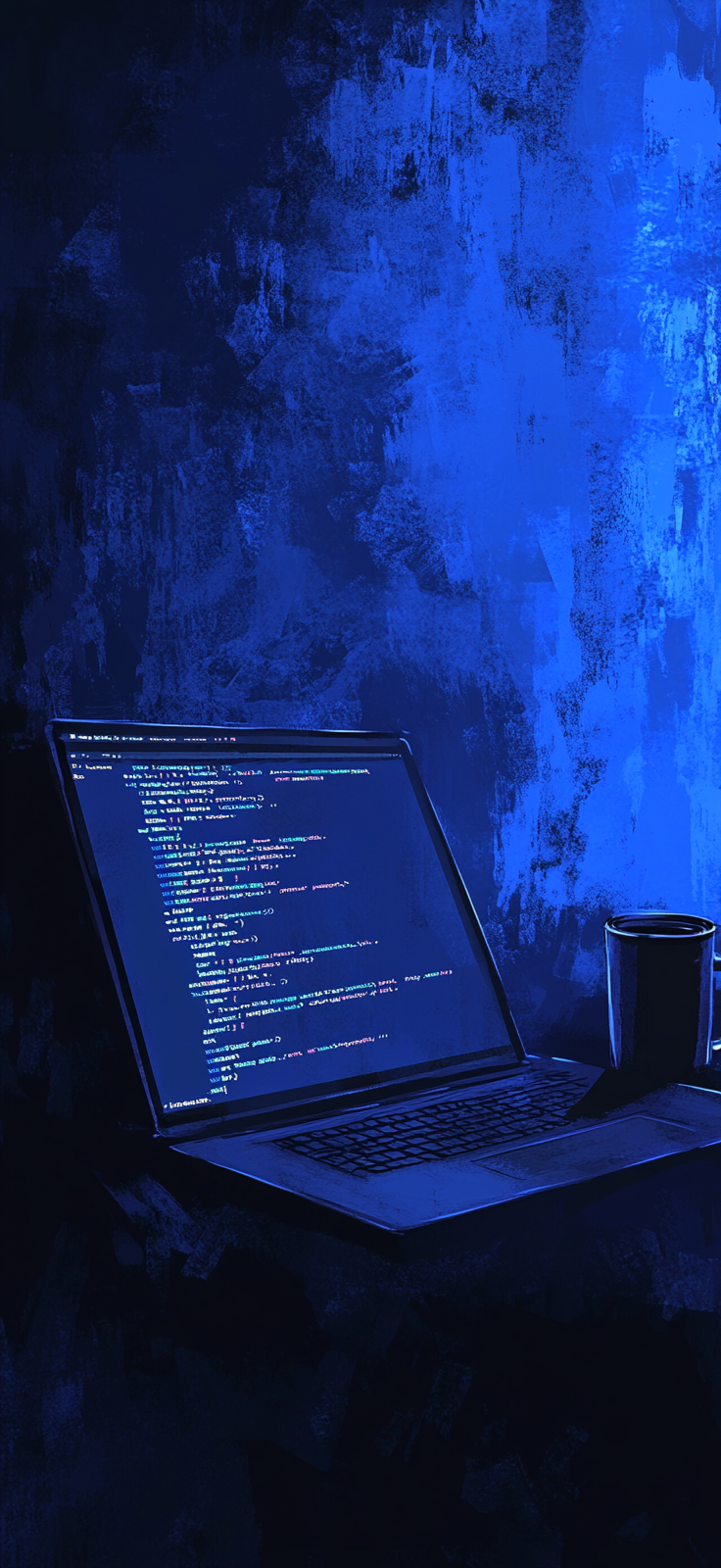 Digital World: Laptop, Code, Coffee, Blue Background