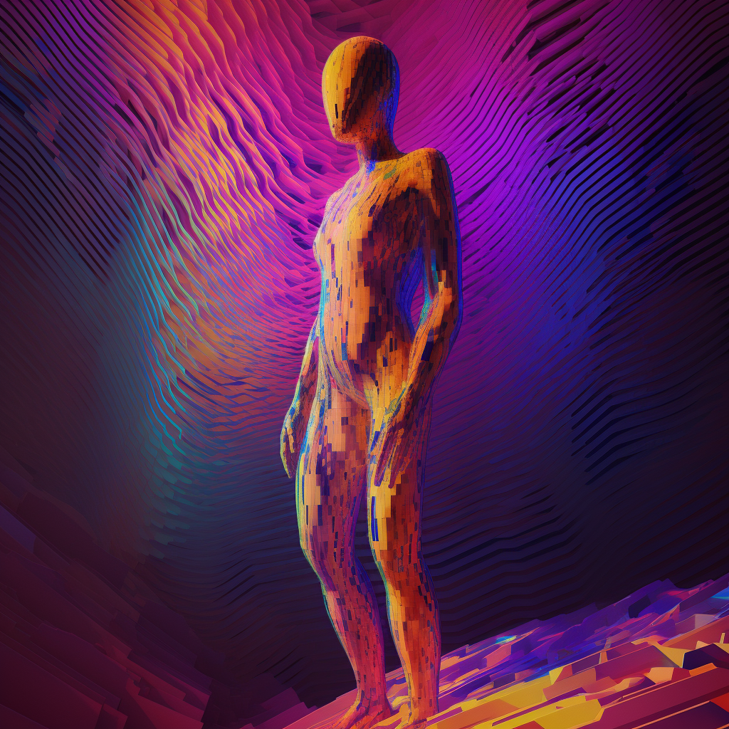 Digital art scene with pink and yellow human figure.