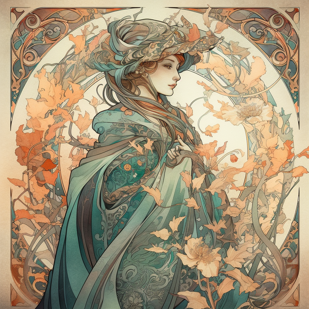 Digital illustration like Alphonse Mucha, with elegant witch.