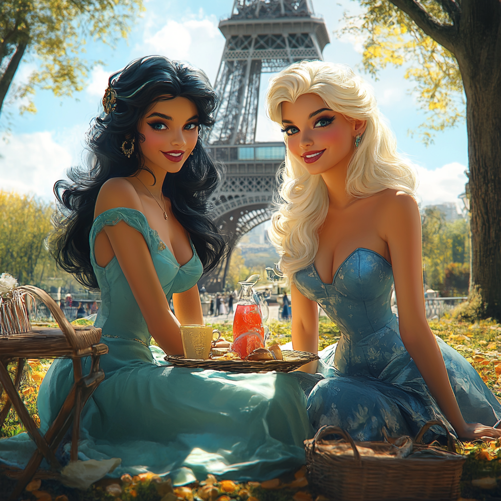 Digital illustration of Jasmine and Aurora having picnic.