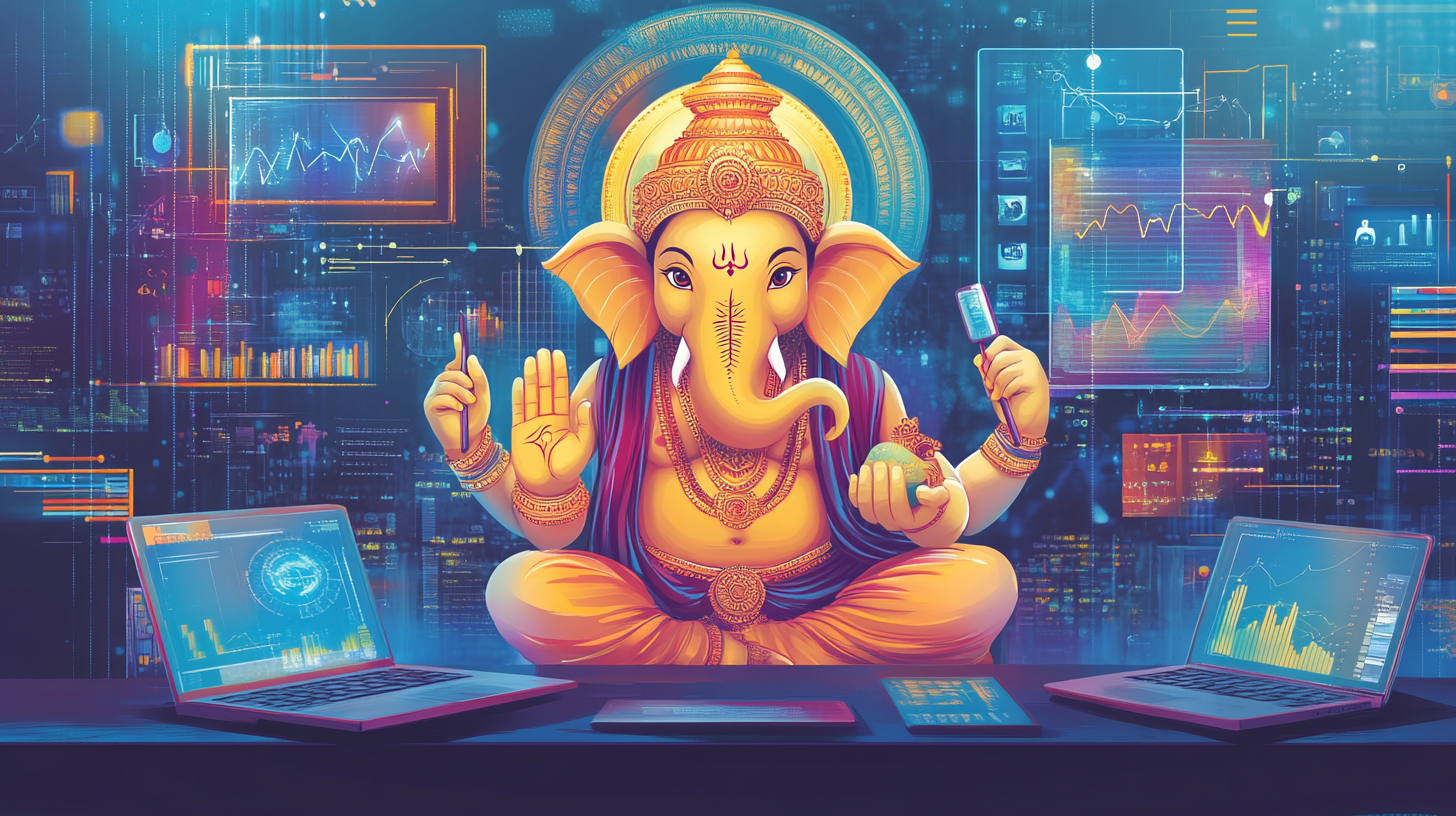 Digital marketing Lord Ganesha surrounded by modern tech.