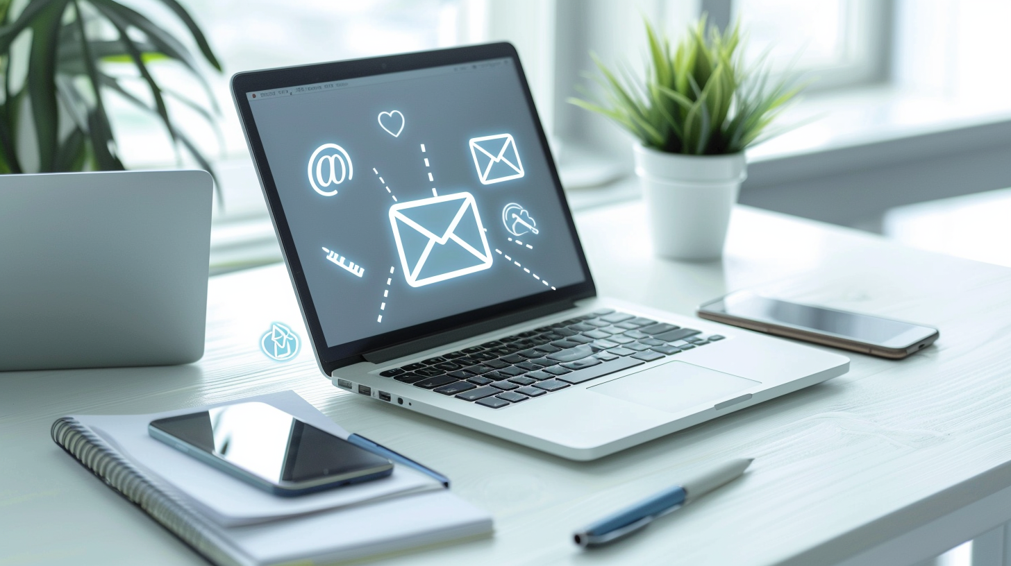 Digital marketing tools on white desk with icons