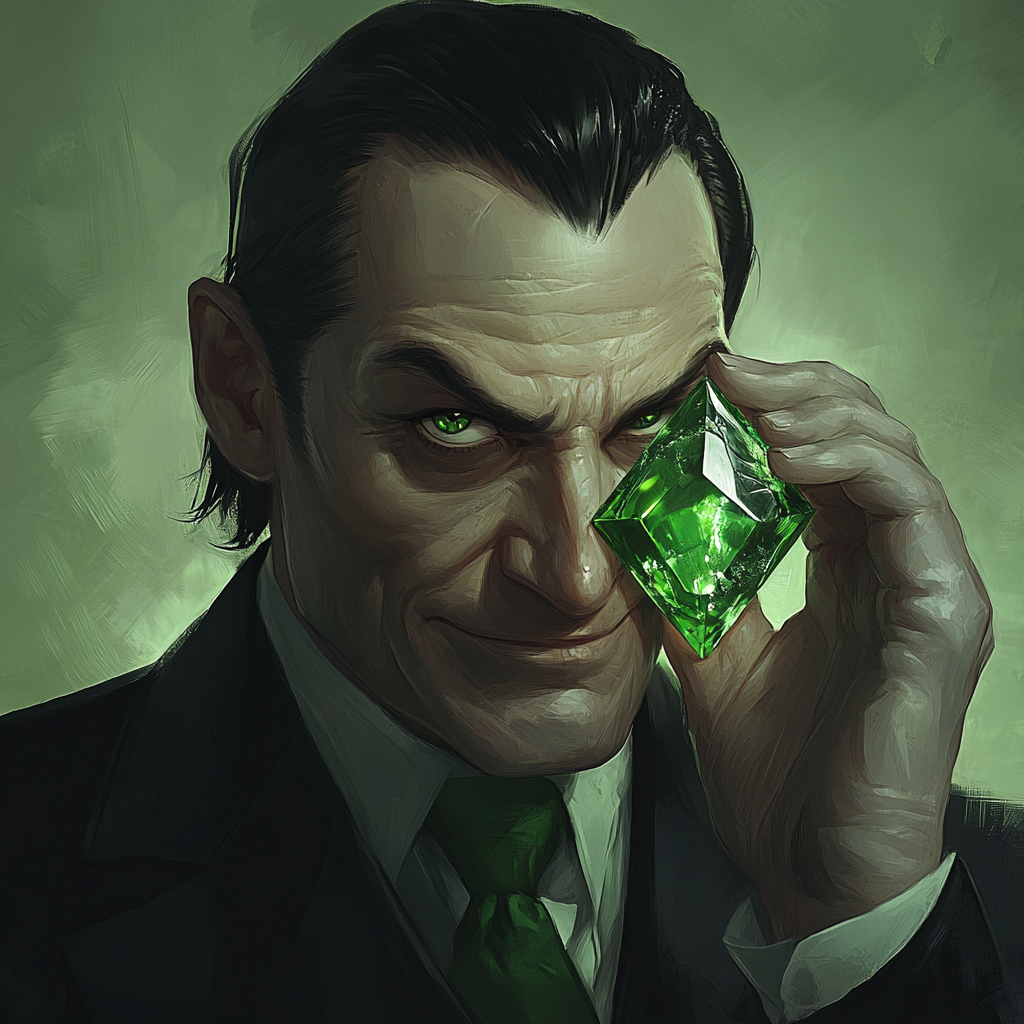 Digital painting of older man in black suit with green tie holding crystal