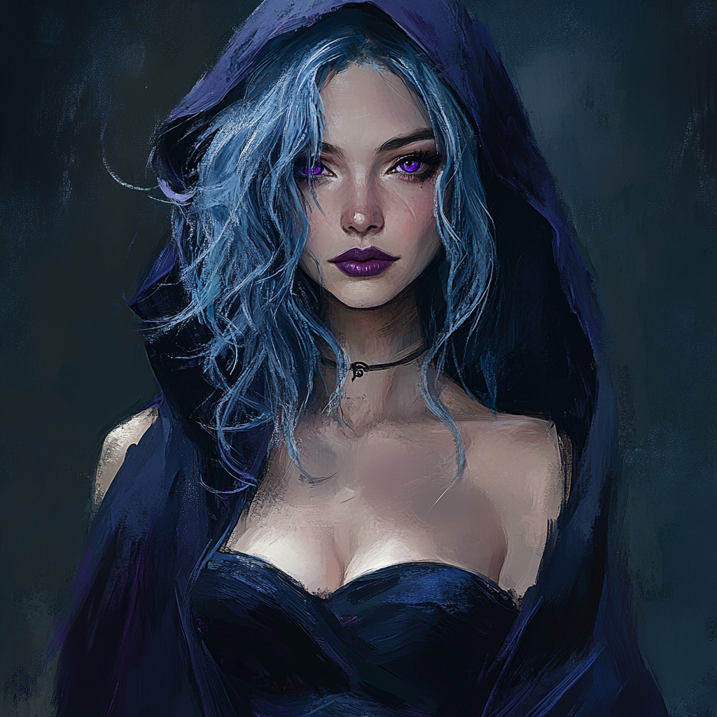 Digital painting of older woman with blue hair