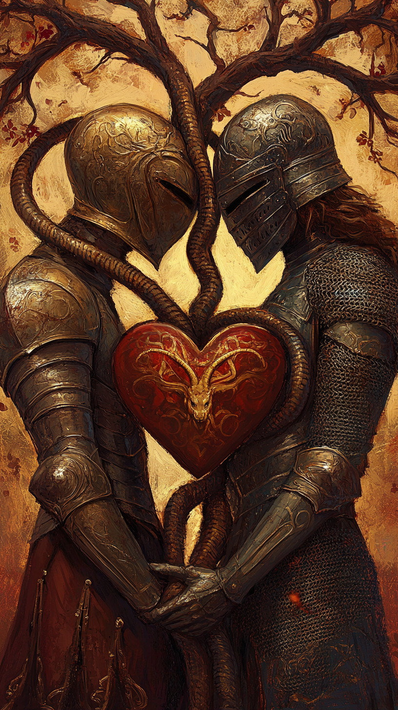 Digital painting of two Gemini warriors in love.