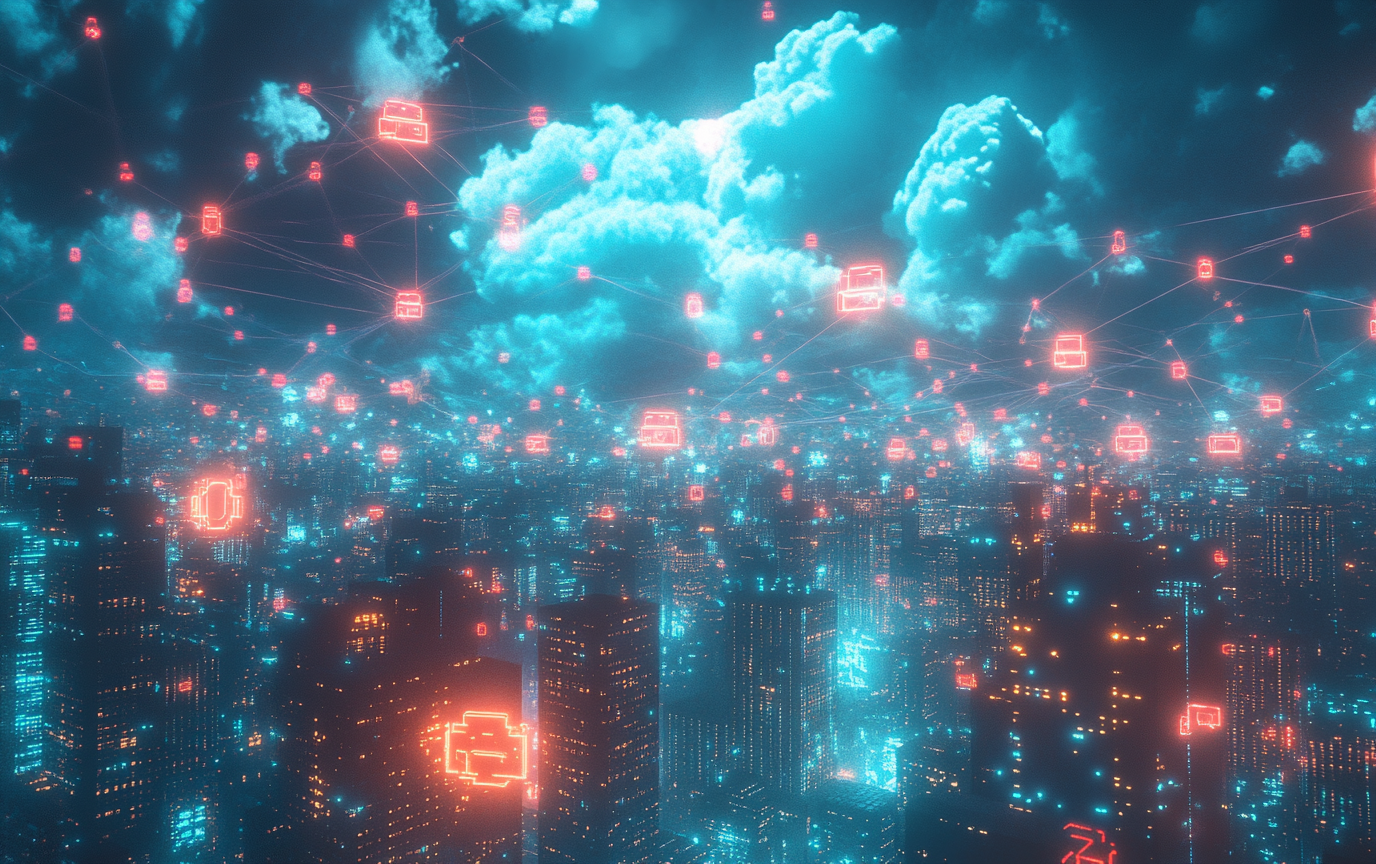 Digital web connects glowing tokens in neon cityscape. Lightning clouds signify market volatility, tower fragility.