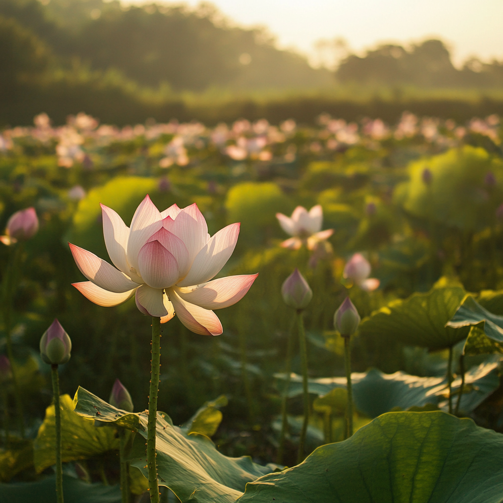 Dignified lotus flower stands tall in sunlight.