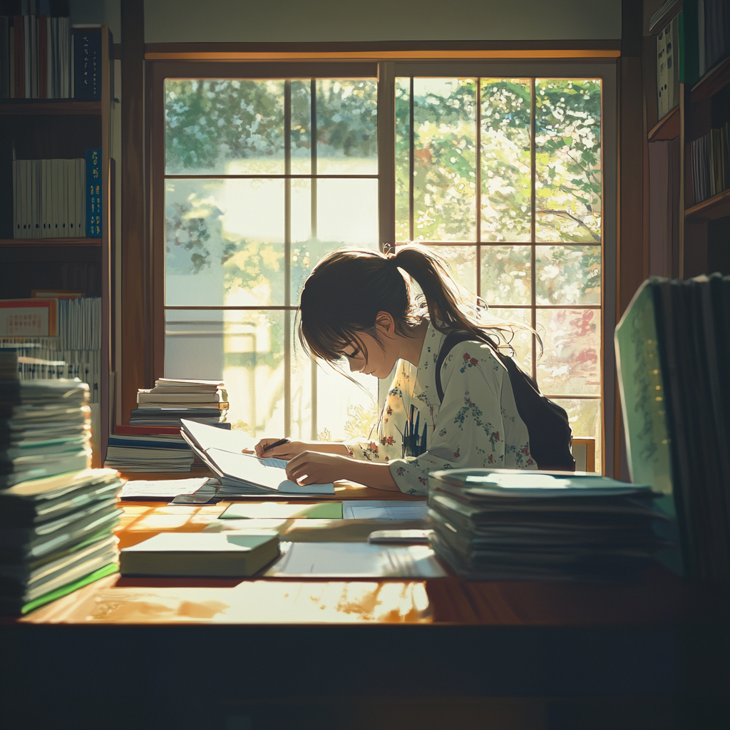 Diligent Japanese student studying in peaceful high school.