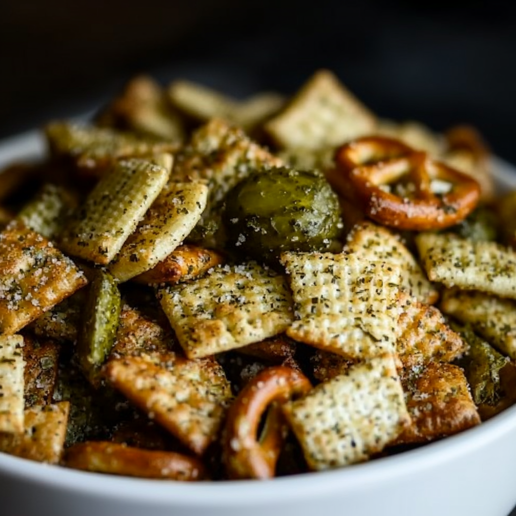 Dill Pickle Chex Mix in White Bowl