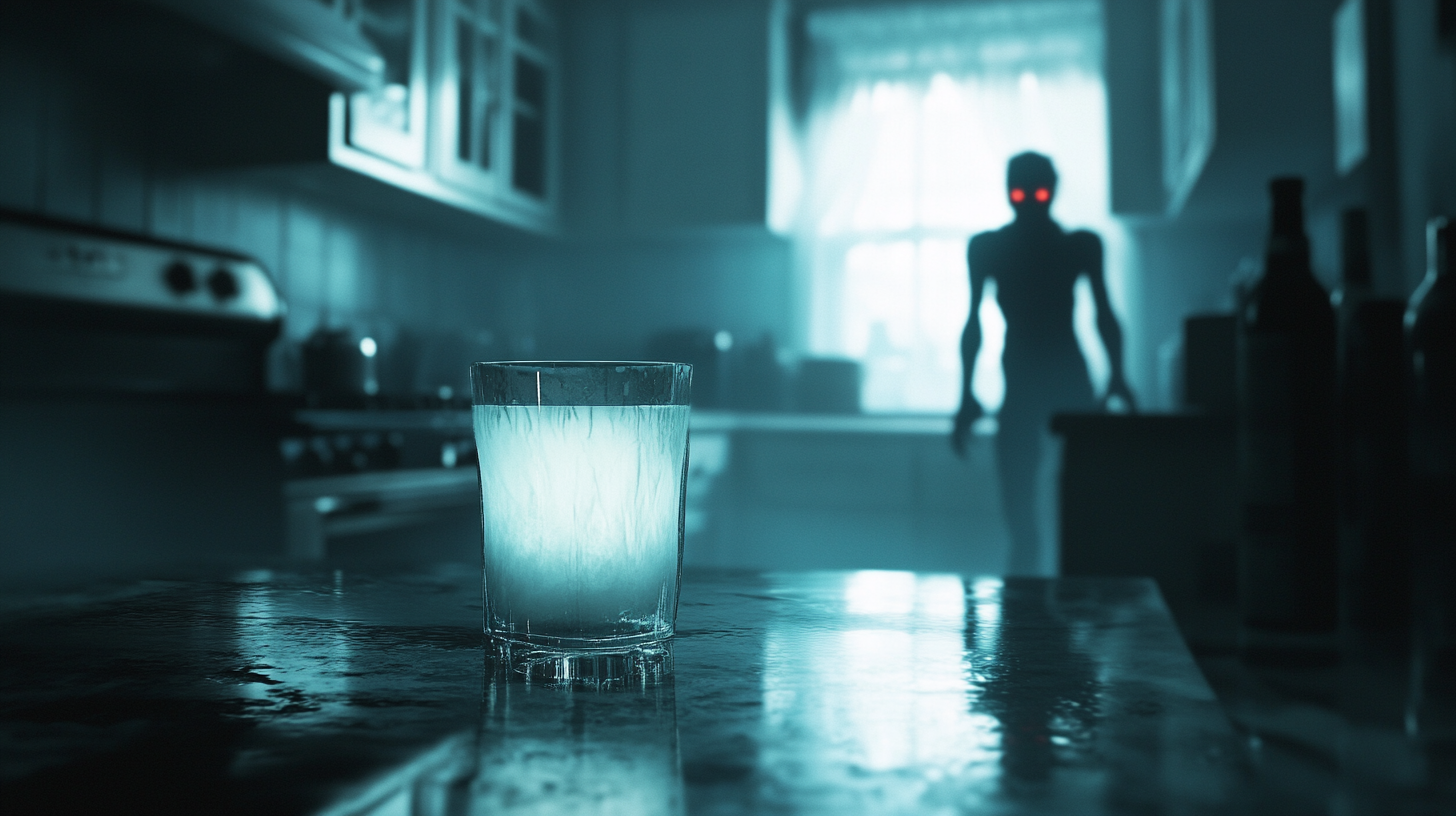 Dimly Lit Kitchen with Glowing Milk and Ghostly Figures