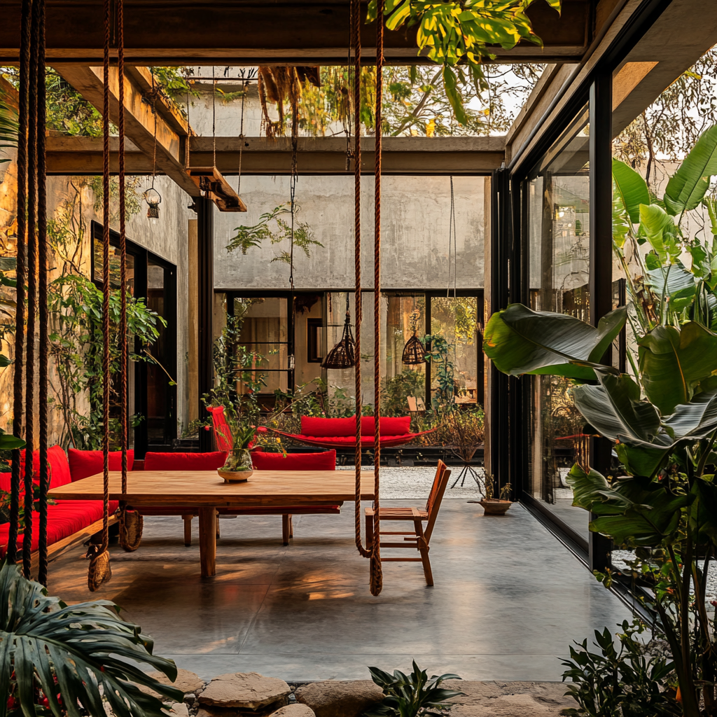 Dining table in courtyard with modernized swing, red accents.