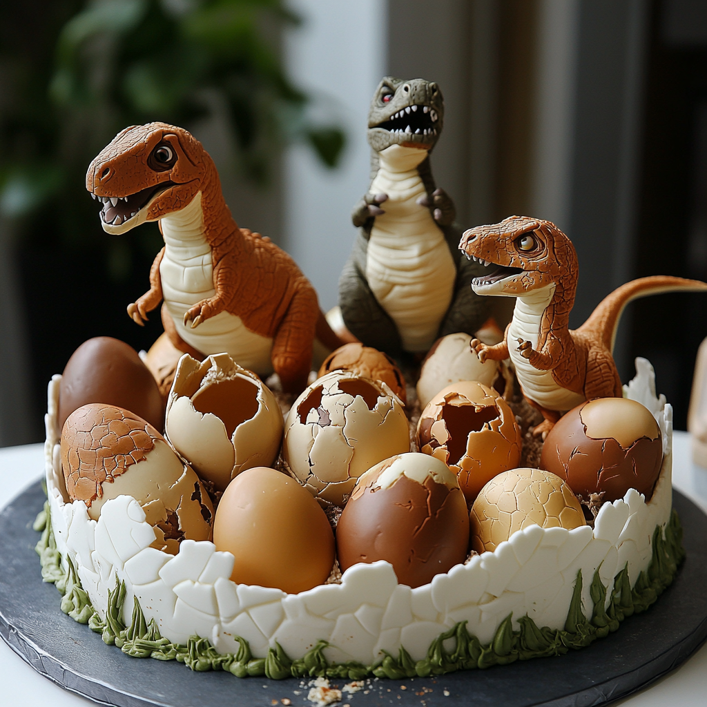 Dinosaur hatching from egg on birthday cake.