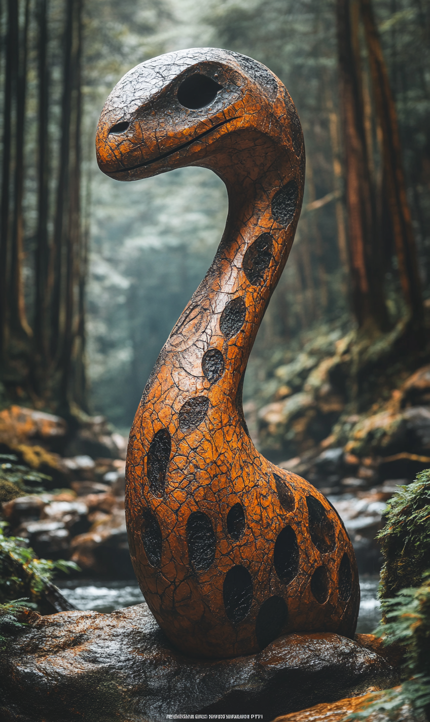 Dinosaur sculpture in dense forest with ancient artistry.