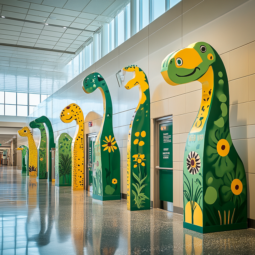 Dinosaur-shaped signs guide at Austin Center with colors