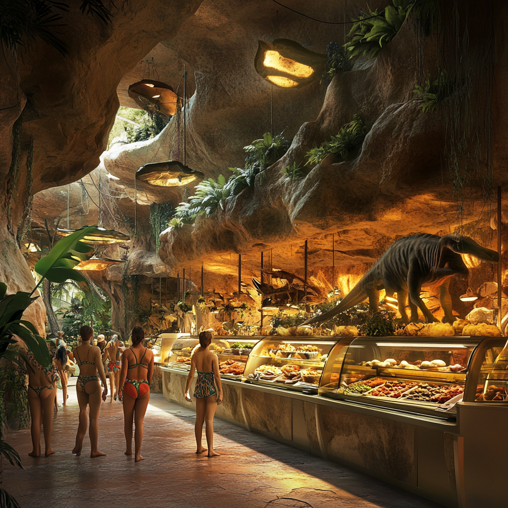 Dinosaur-themed food hall with self-service counters, people in swimsuits, warm lighting, jungle ambiance.