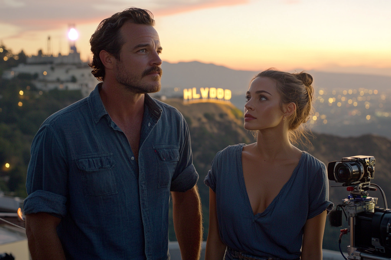 Director & actress on set, Hollywood sign in background.