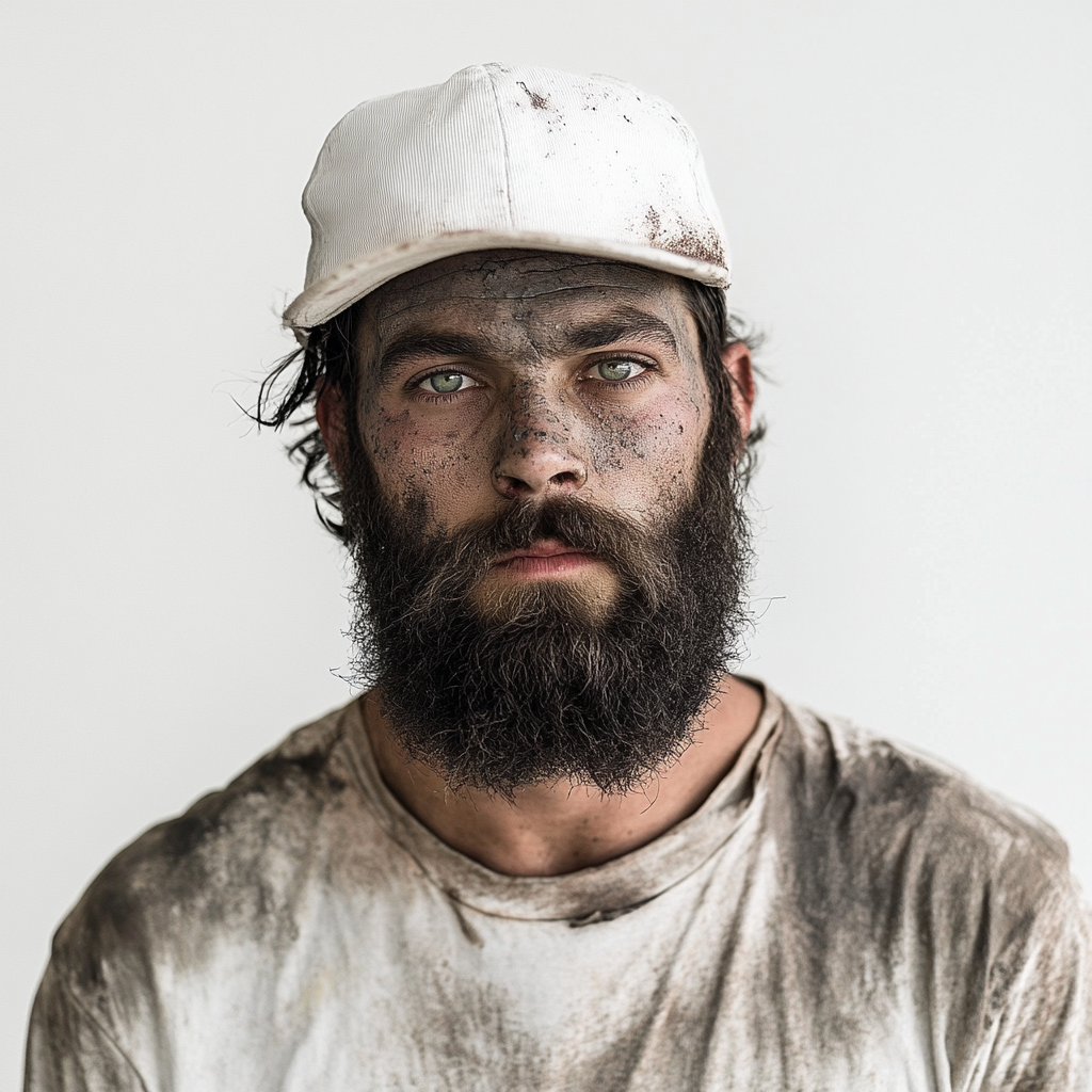 Dirty faced man in streetwear poses for photo