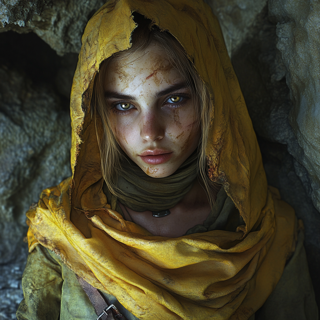 Dirty-faced woman in torn clothes, stranded in cave.