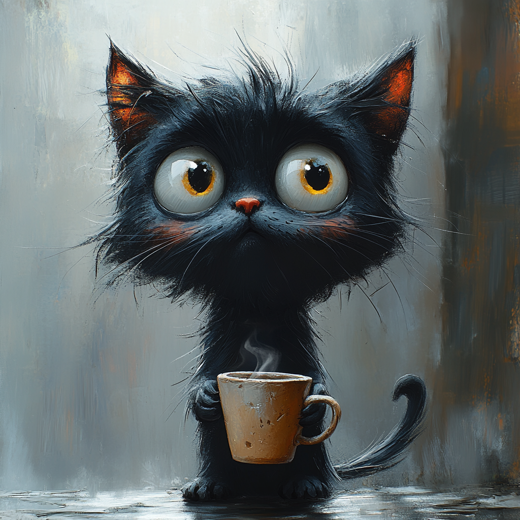 Disheveled cat holding coffee cup in caricature style.