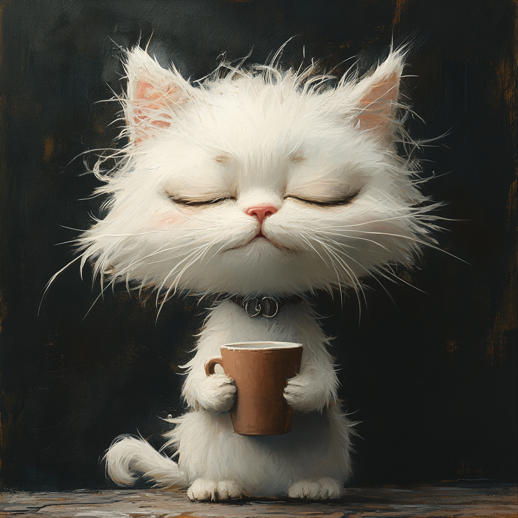 Disheveled white cat holding coffee cup with tired expression.