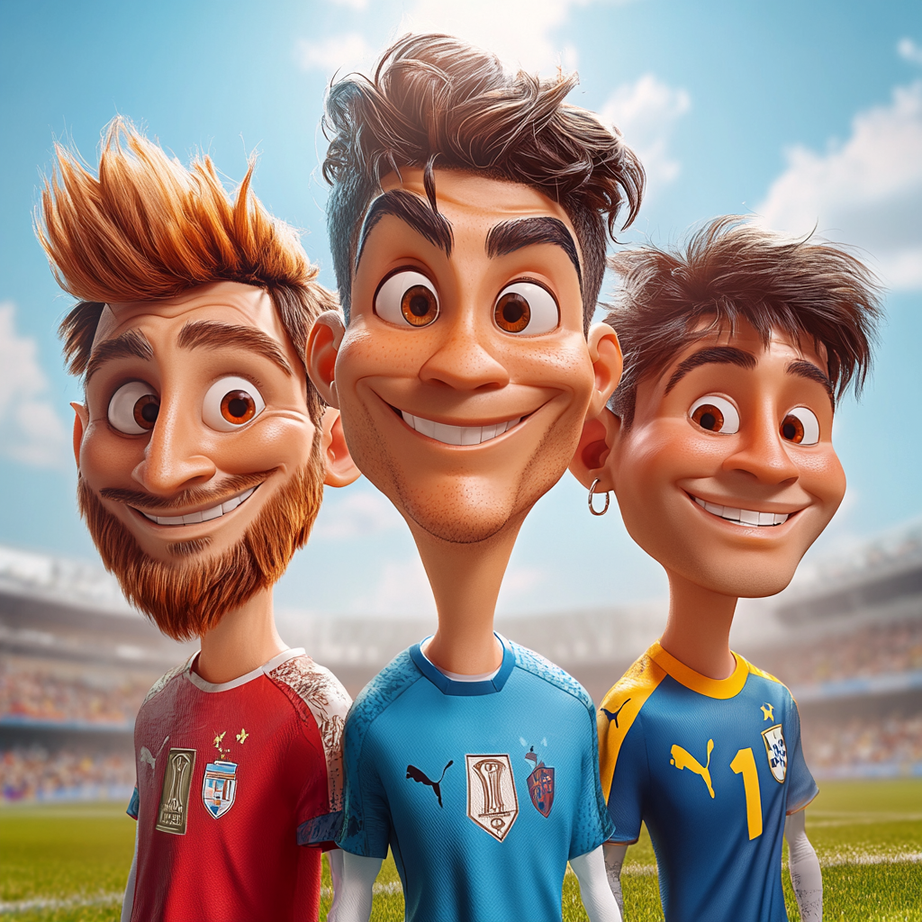 Disney-Pixar style image of Ronaldo, Messi, Neymar.