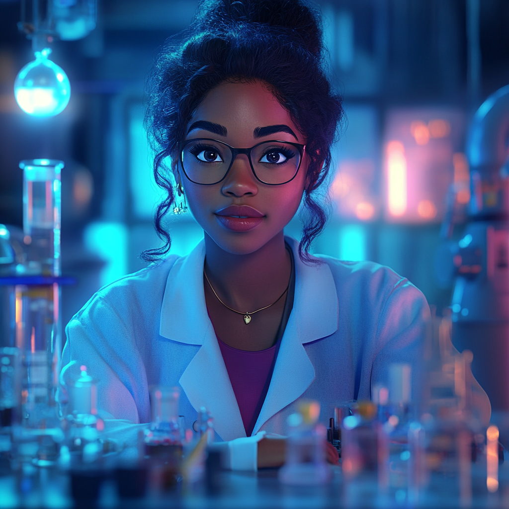 Disney black female scientist in lab coat smiling.