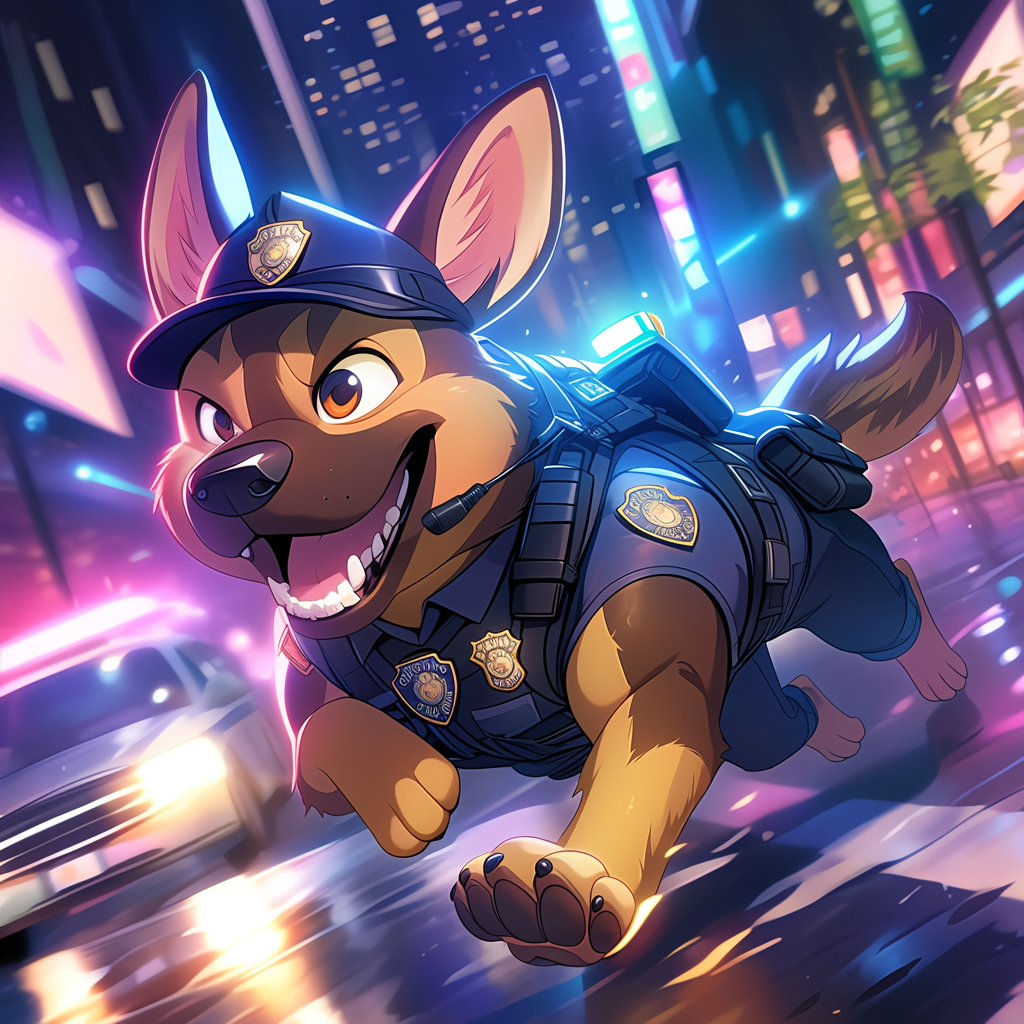 Disney cartoon character dog in futuristic police uniform standing heroically next to flashing police car in modern city at night.