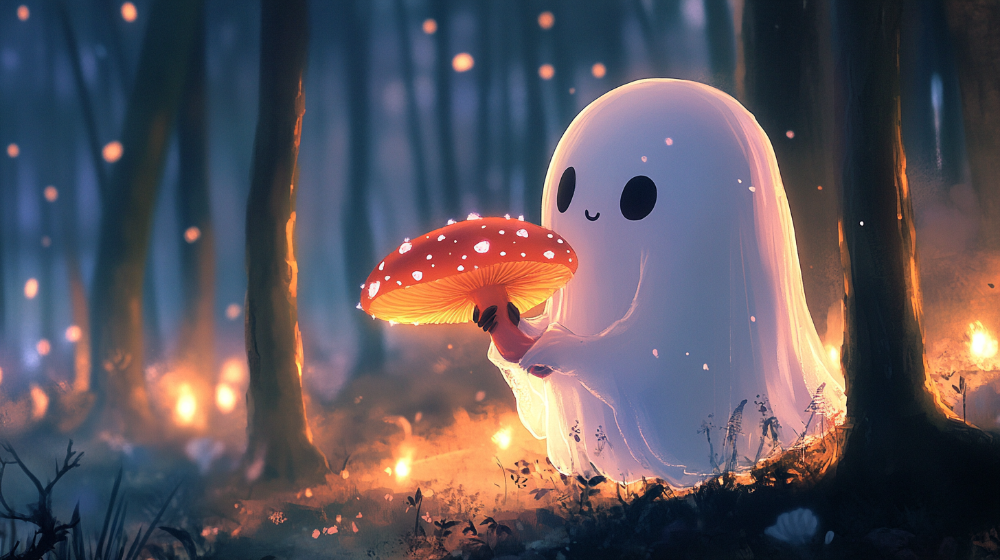 Disney ghost with pink and orange mushroom in forest.