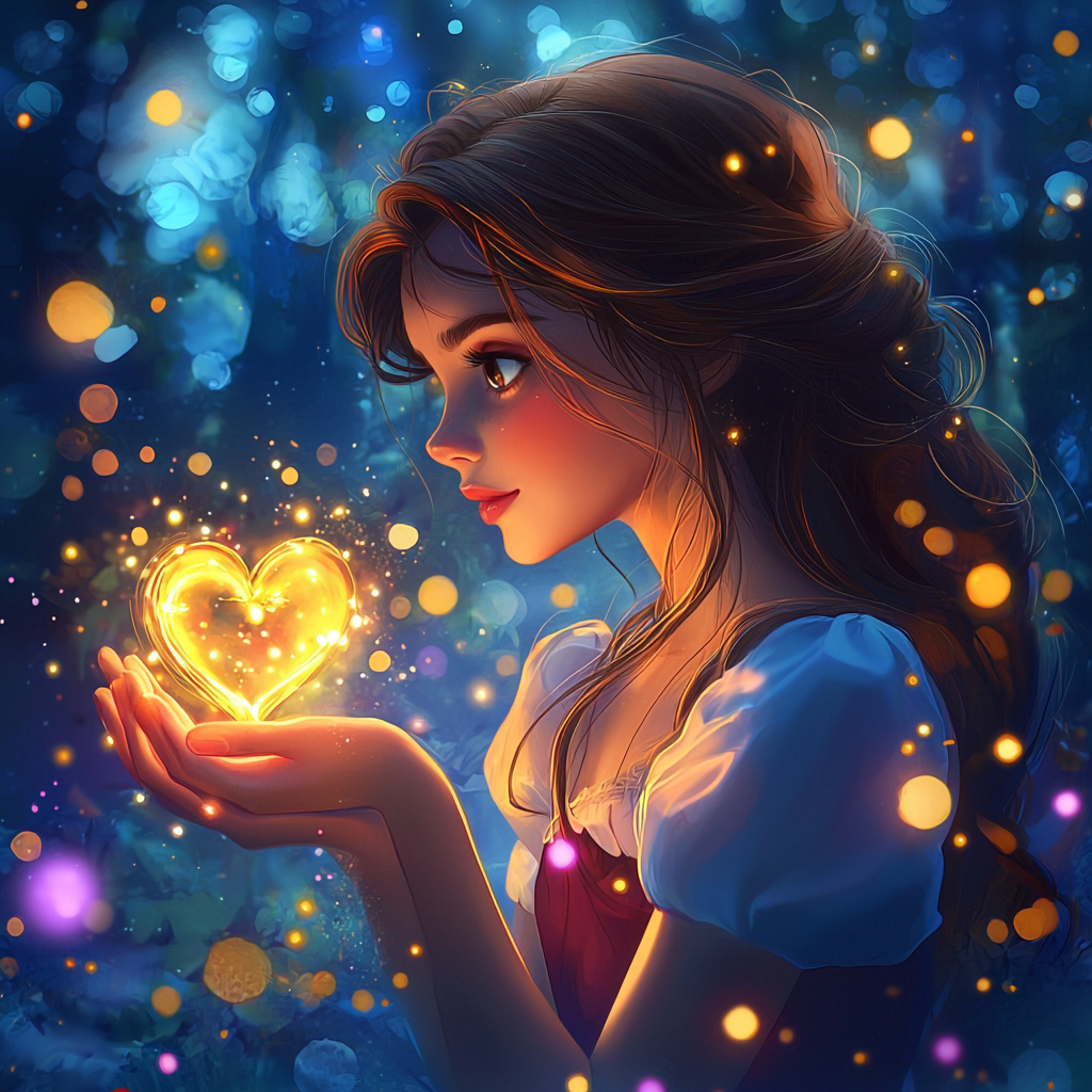 Disney princess profile with brown hair and eyes, magic forest.