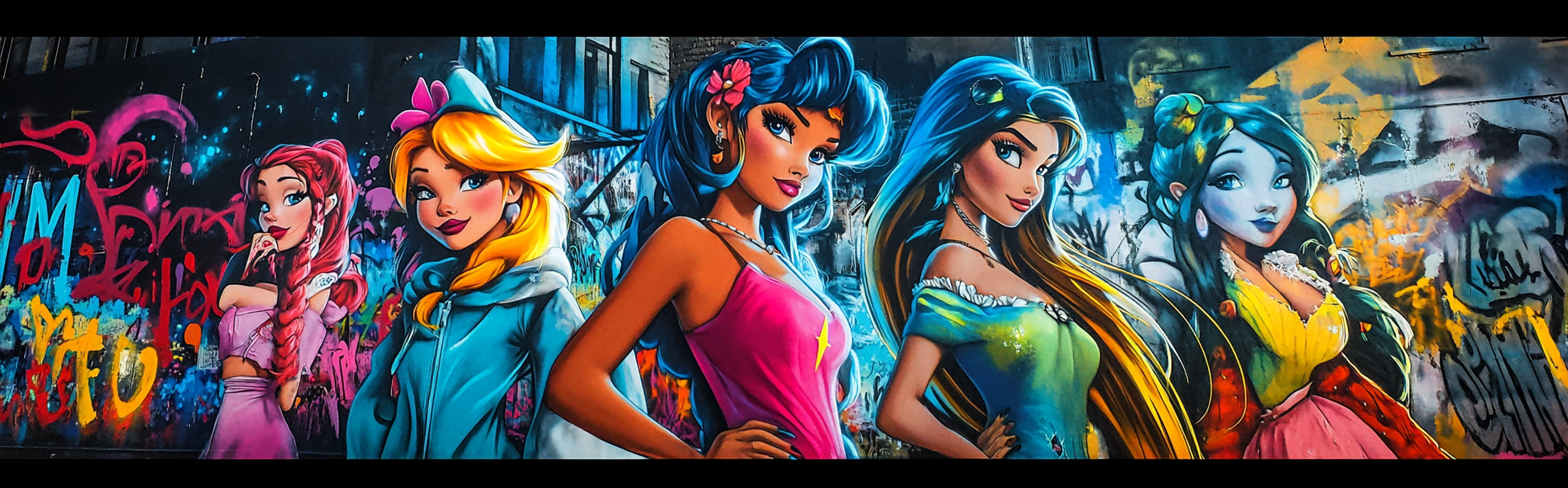 Disney princesses in urban streetwear, posing in downtown.