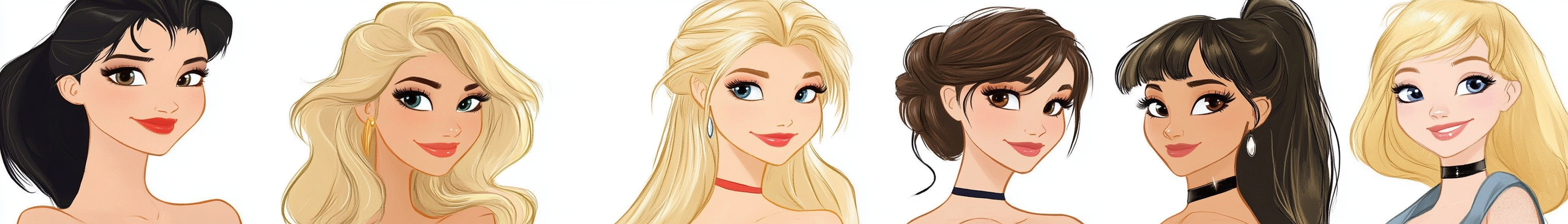 Disney princesses with blonde, brown hair in prom gowns.