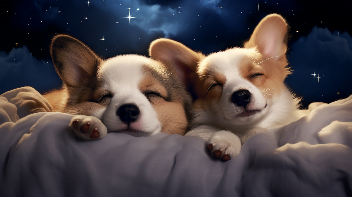 Disney-style Corgi Puppies Cuddling in Sky