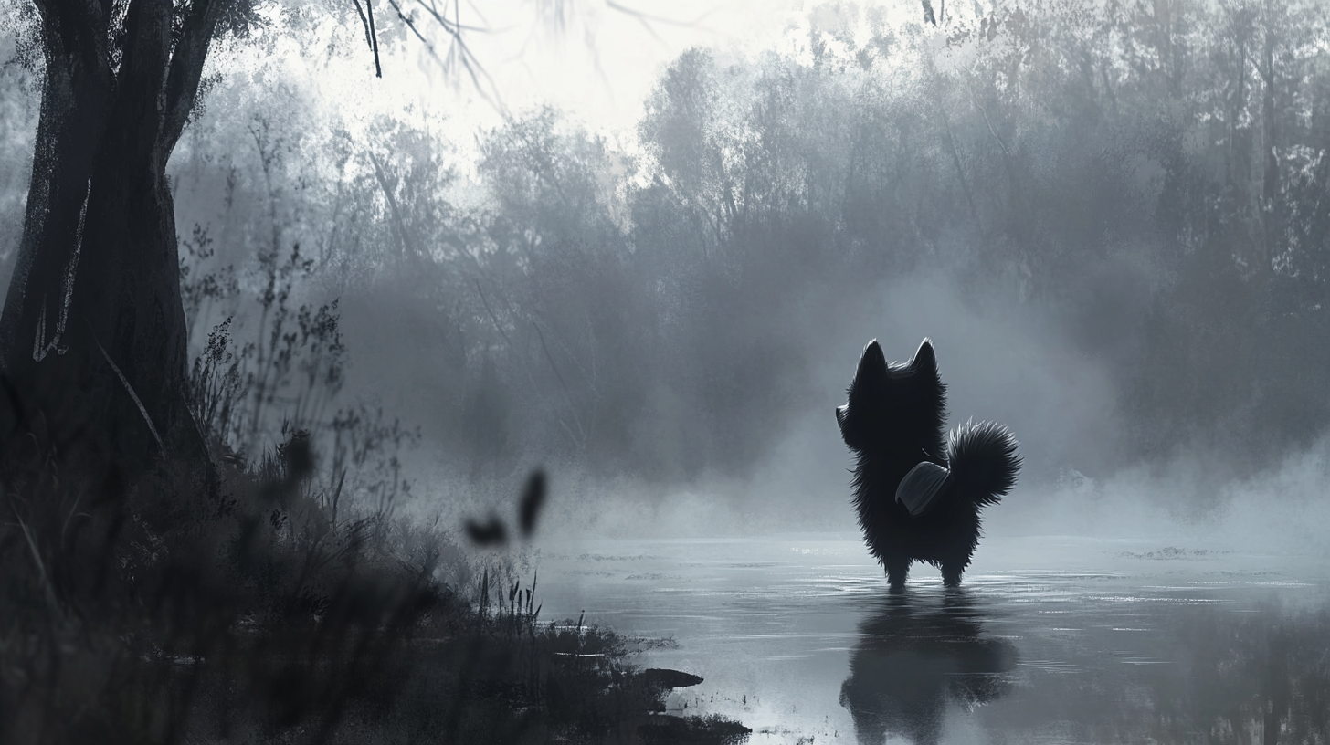 Disney style image of Pomeranian carrying biddle, gloomy setting.