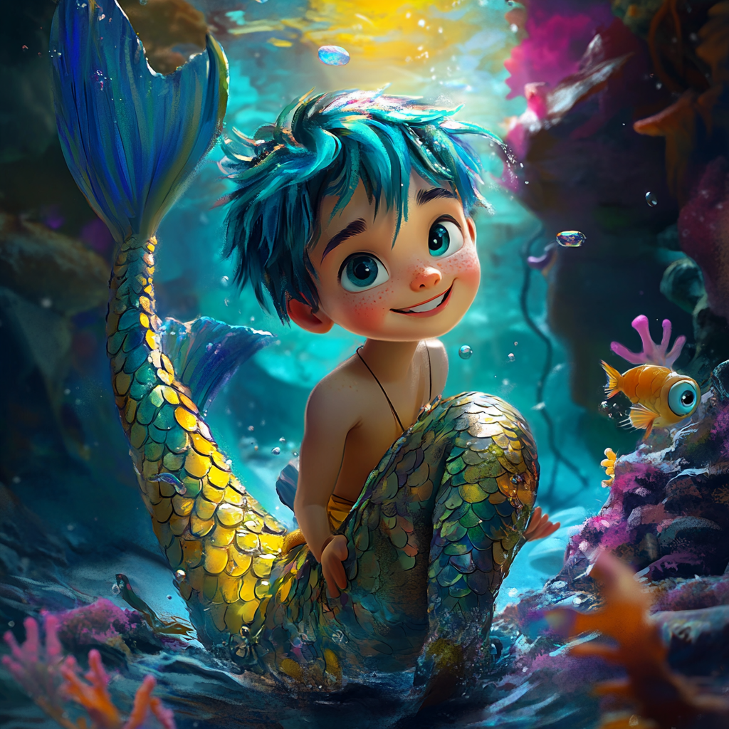 Disney-style mermaid boy with turquoise hair, fishscale pattern.