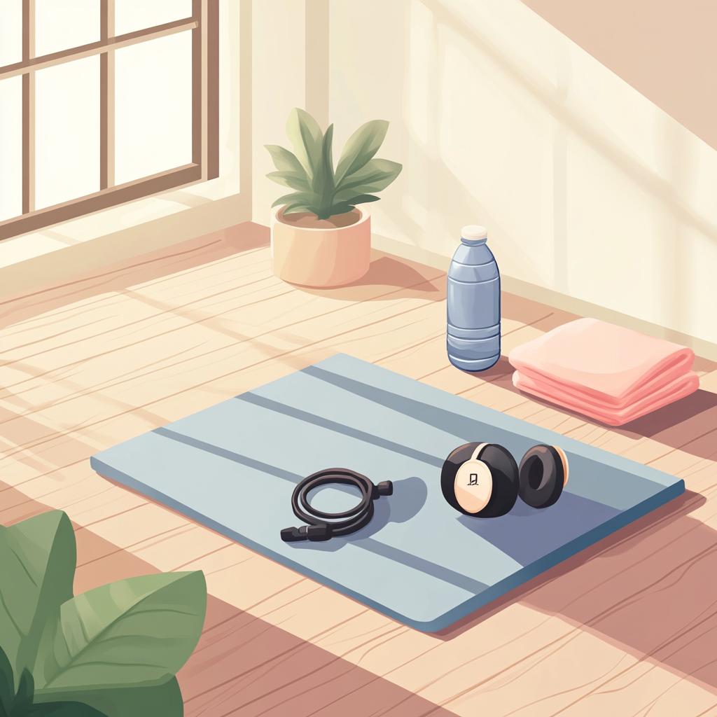 Distant view of room with workout essentials in vector style.