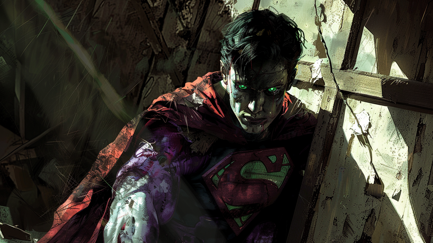 Distressed superman with glowing green eyes in dark corner.