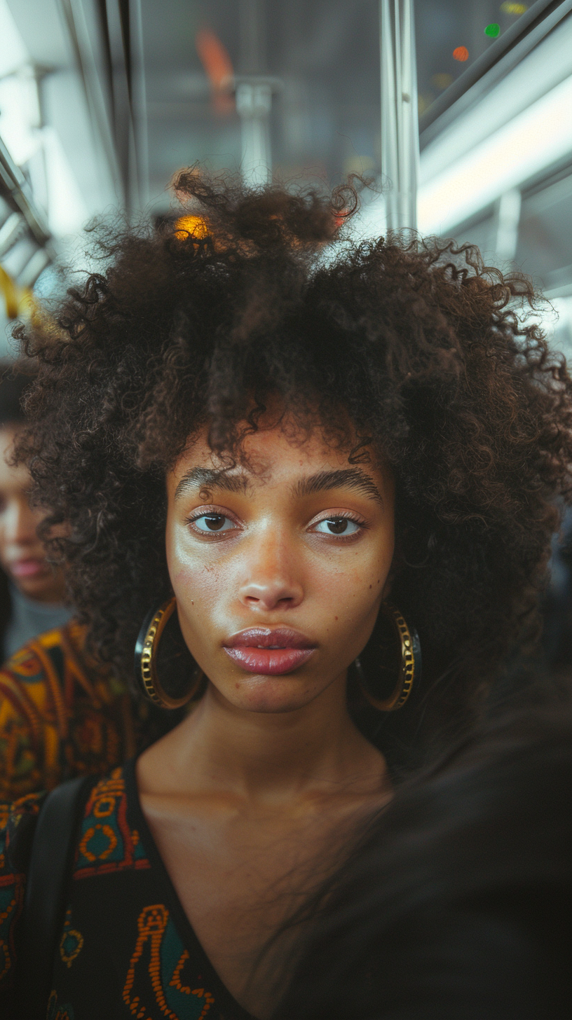 Distressed woman, crowded train, people on phones, NYC.